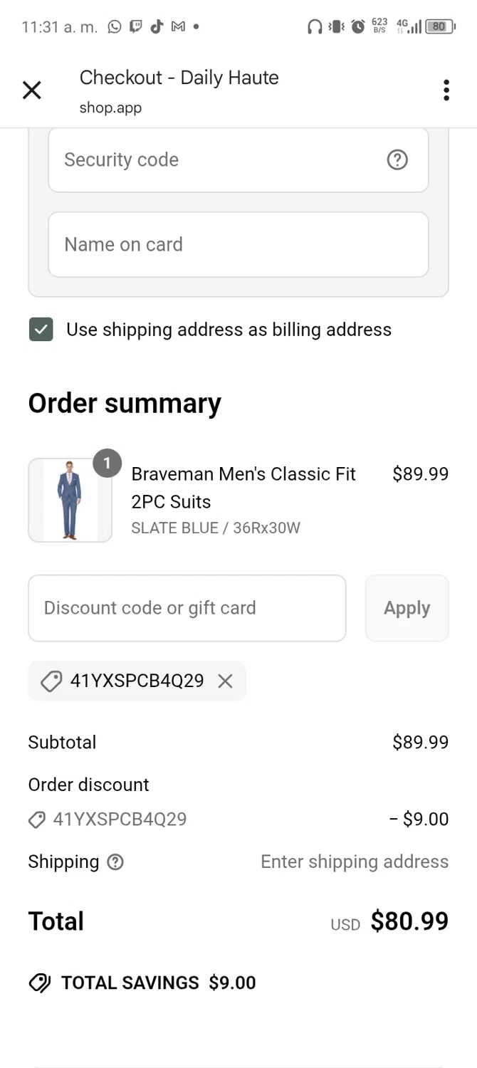 Daily Haute discount code screenshot showing code 41YXSPCB4Q29 applied at Daily Haute checkout page. Uploaded by SimplyCodes community member TokioMiller on Jun 30, 2025