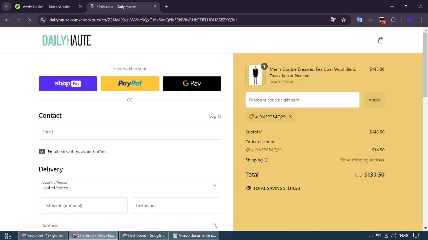 Daily Haute discount code screenshot showing code 41YXSPCB4Q29 applied at Daily Haute checkout page. Uploaded by SimplyCodes community member SmartMaven8764 on Jan 3, 2025
