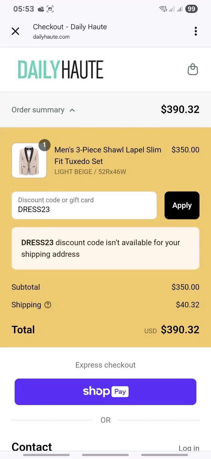 Daily Haute discount code screenshot showing code DRESS23 applied at Daily Haute checkout page. Uploaded by SimplyCodes community member LegendaryTitan9160 on Jul 22, 2025