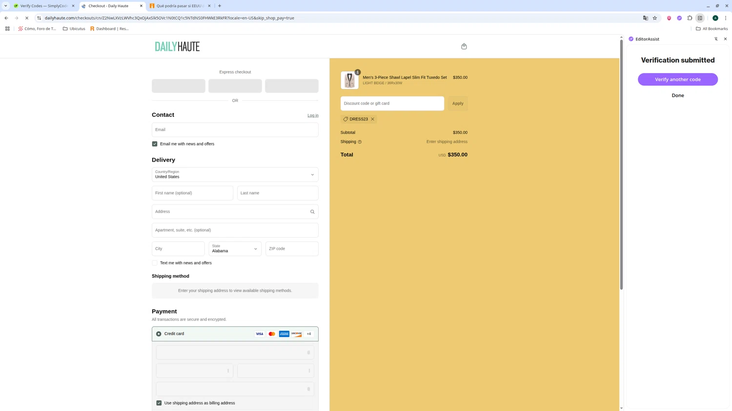 Daily Haute discount code screenshot showing code DRESS23 applied at Daily Haute checkout page. Uploaded by SimplyCodes community member admeneses on Jun 21, 2025