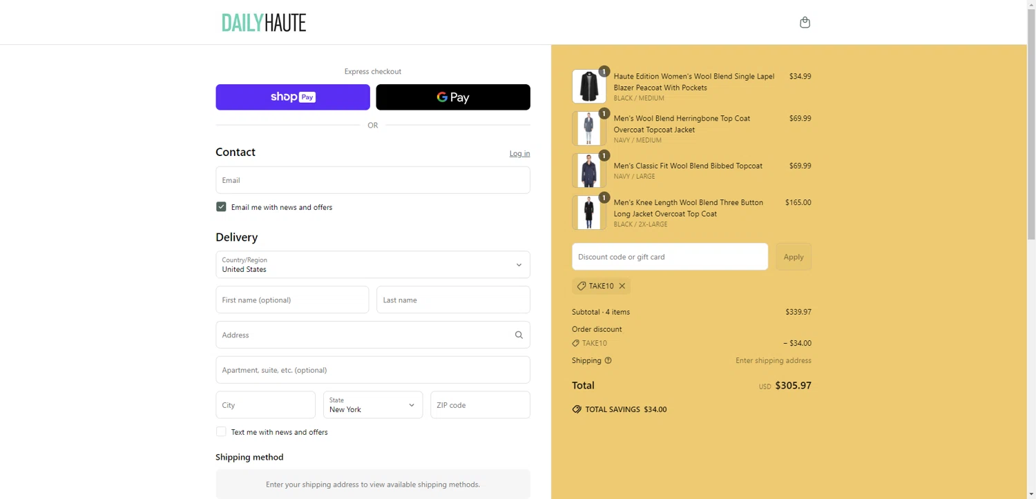 Daily Haute discount code screenshot showing code TAKE10 applied at Daily Haute checkout page. Uploaded by SimplyCodes community member DiscountWarden480 on Jun 5, 2025