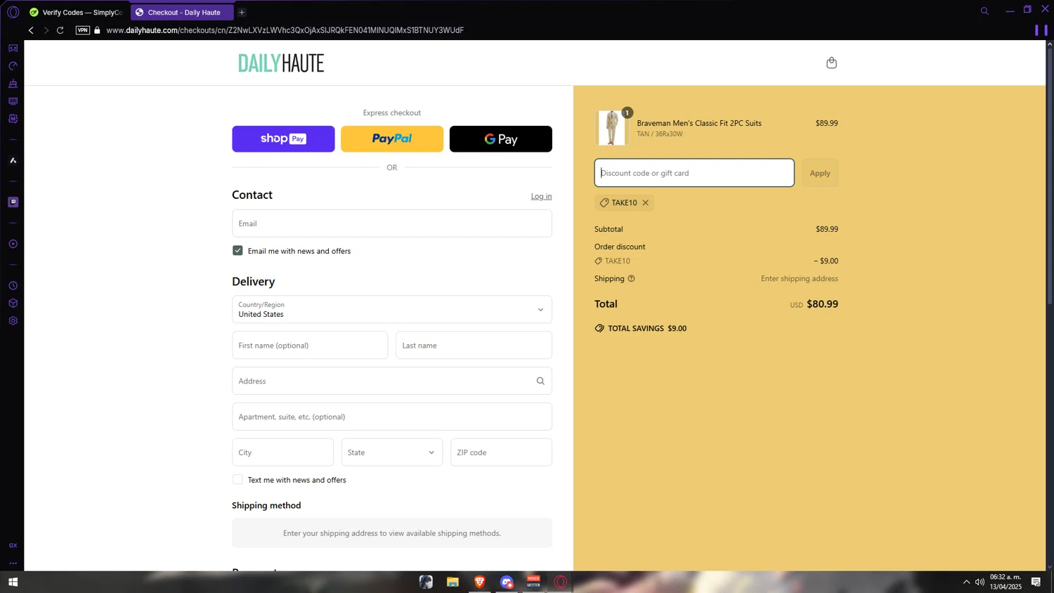 Daily Haute discount code screenshot showing code TAKE10 applied at Daily Haute checkout page. Uploaded by SimplyCodes community member Anzeer on Apr 13, 2025