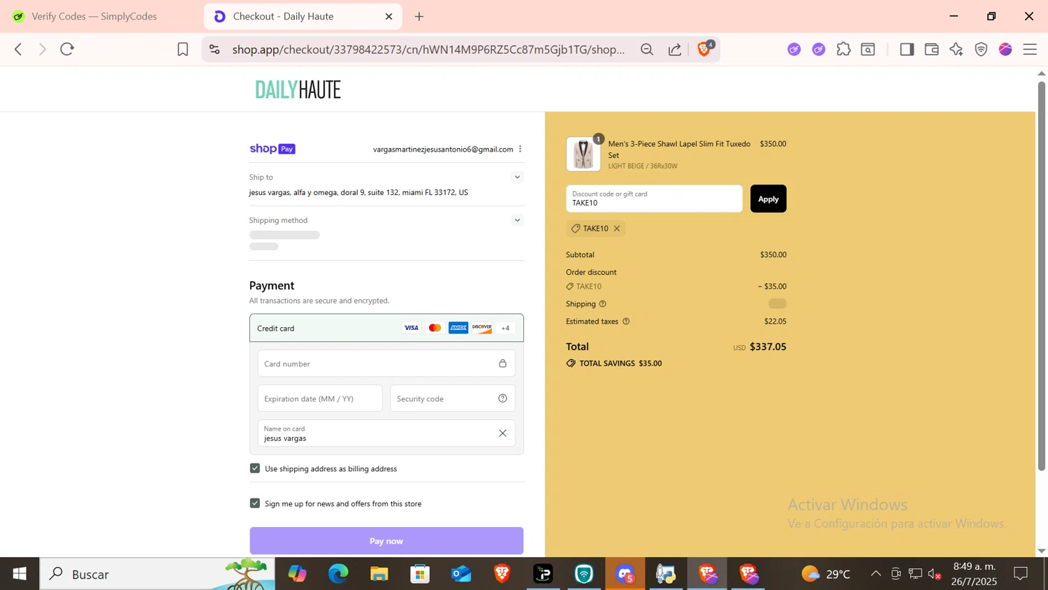 Daily Haute discount code screenshot showing code TAKE10 applied at Daily Haute checkout page. Uploaded by SimplyCodes community member SKAYNE1 on Jul 26, 2025