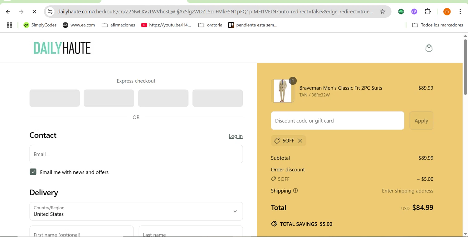 Daily Haute discount code screenshot showing code 5OFF applied at Daily Haute checkout page. Uploaded by SimplyCodes community member ROIS28 on Jun 7, 2025