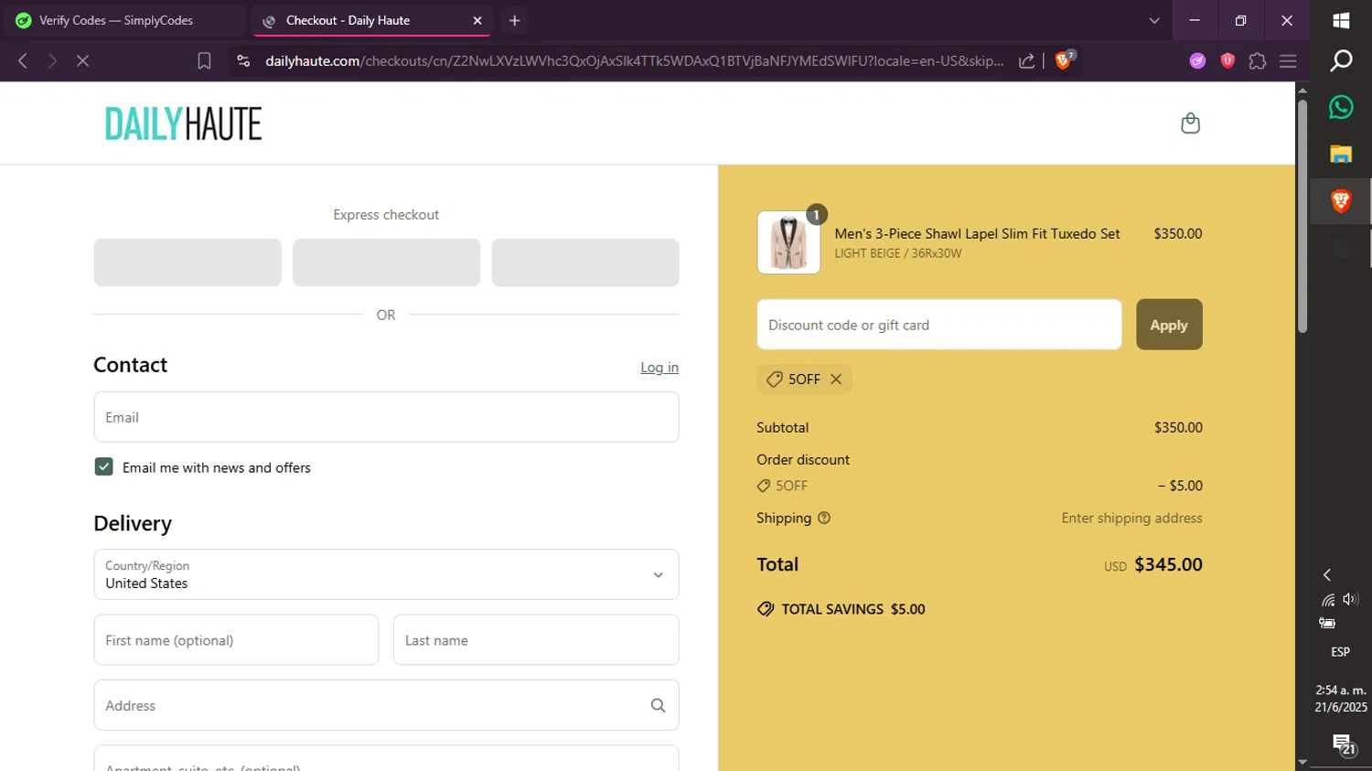Daily Haute discount code screenshot showing code 5OFF applied at Daily Haute checkout page. Uploaded by SimplyCodes community member xXdevoragoticas69Xx on Jun 21, 2025