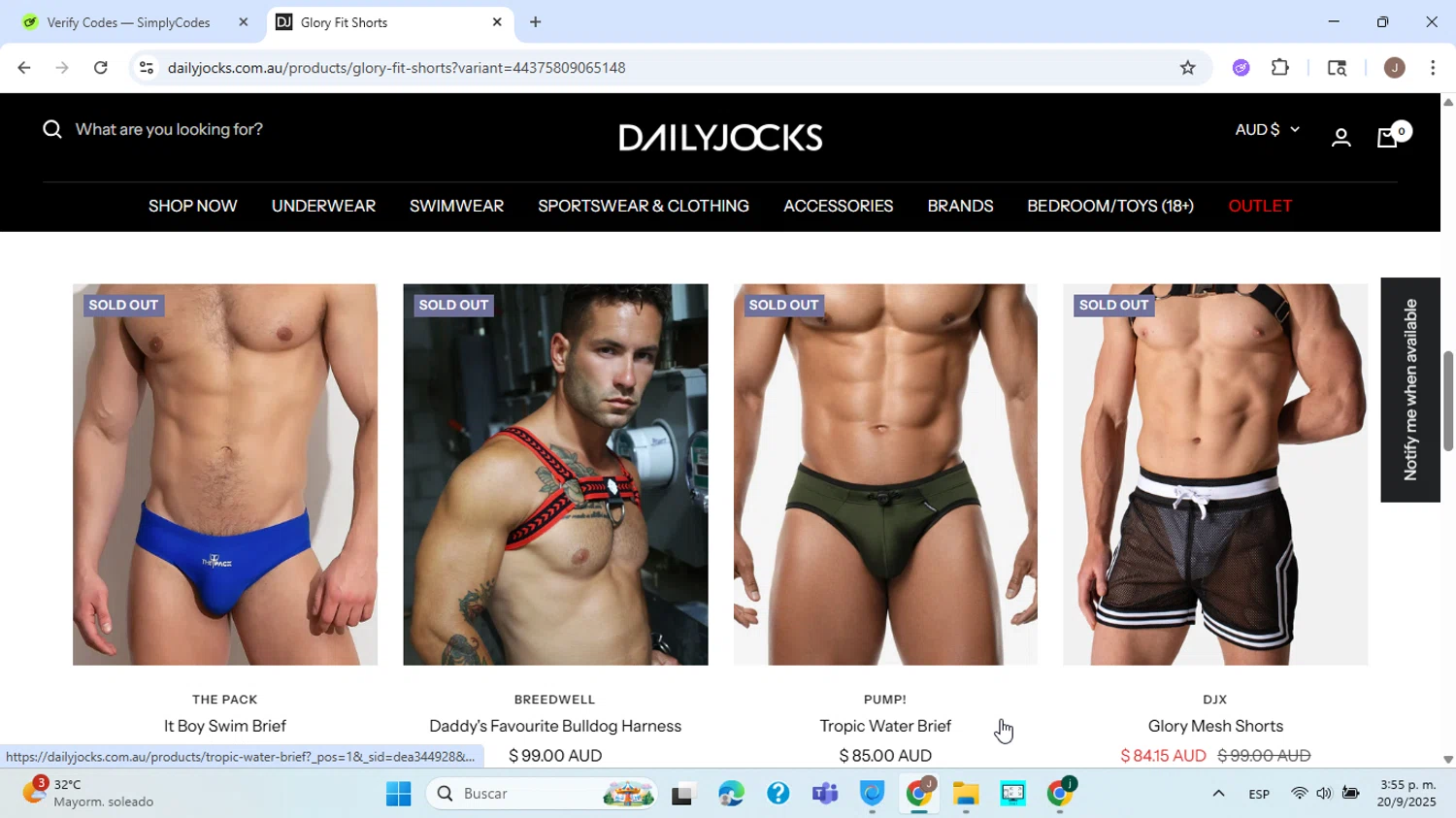 Daily Jocks promo code screenshot showing code SORRY10 applied at Daily Jocks checkout page. Uploaded by SimplyCodes community member ABHF23 on Sep 20, 2025