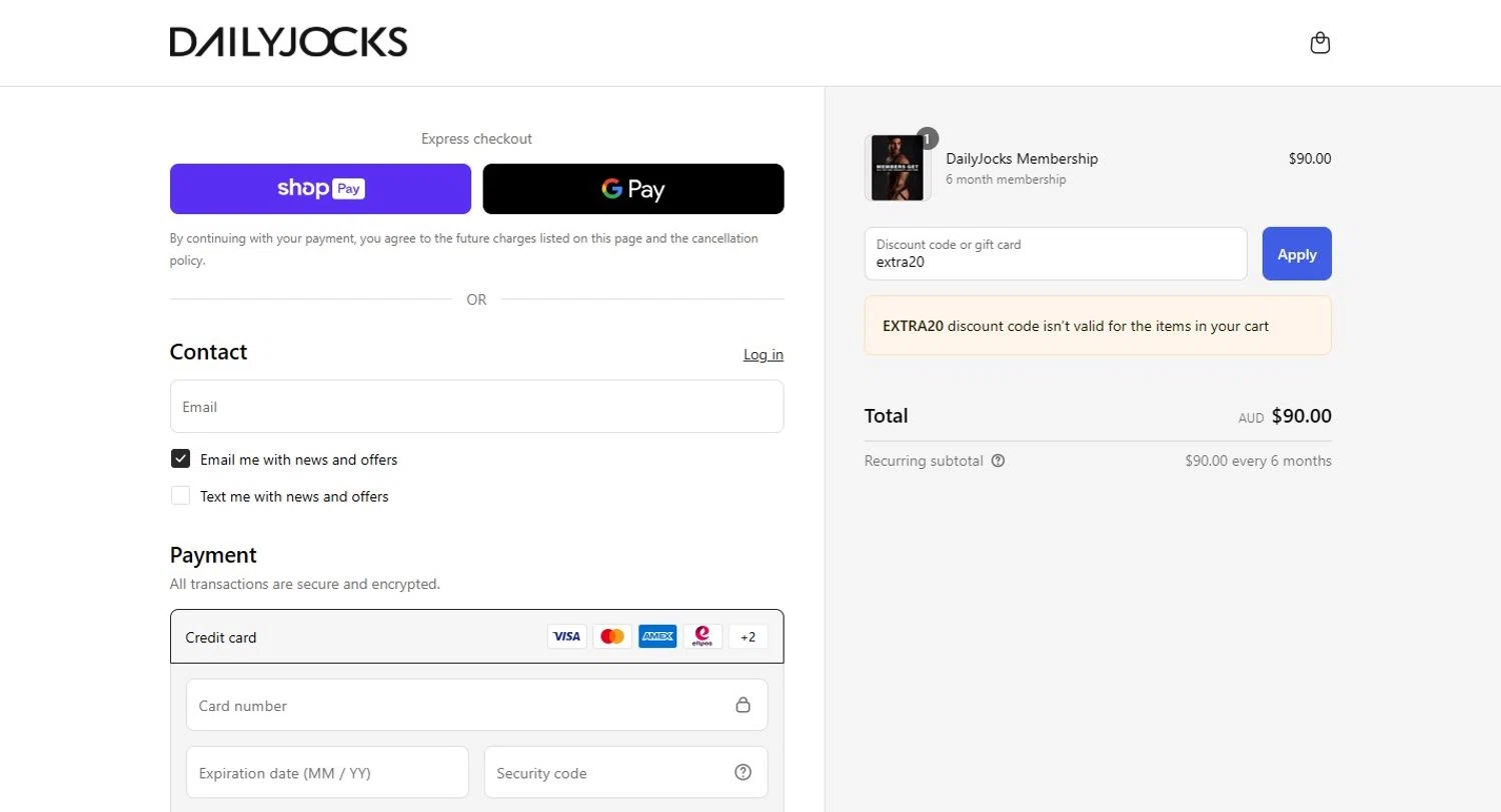Daily Jocks promo code screenshot showing code extra20 applied at Daily Jocks checkout page. Uploaded by SimplyCodes community member SaleHawk2166 on Apr 12, 2025