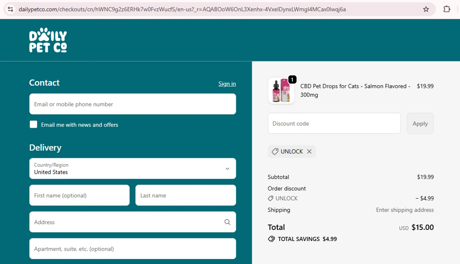 Daily Pet Co. promo code screenshot showing code UNLOCK applied at Daily Pet Co. checkout page. Uploaded by SimplyCodes community member GloriousCollector9521 on May 14, 2026