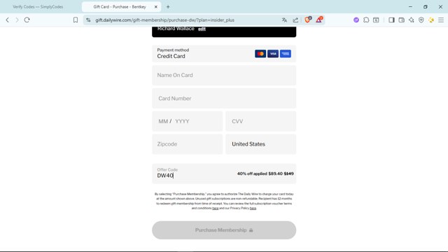 DailyWire checkout page showing DailyWire promo code box | Screenshot taken by SimplyCodes community member on Aug 23, 2025