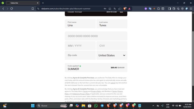 DailyWire checkout page showing DailyWire promo code box | Screenshot taken by SimplyCodes community member on Aug 26, 2025