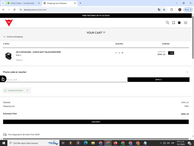 Dainese checkout page showing Dainese promo code box | Screenshot taken by SimplyCodes community member on Jul 15, 2025