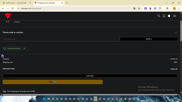 Dainese checkout page showing Dainese promo code box | Screenshot taken by SimplyCodes community member on Aug 12, 2025