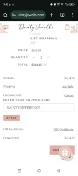 DAINTYDIFFERENCE coupon verification screenshot