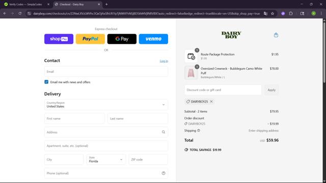 Dairy Boy checkout page showing Dairy Boy discount code box | Screenshot taken by SimplyCodes community member on Jun 15, 2025