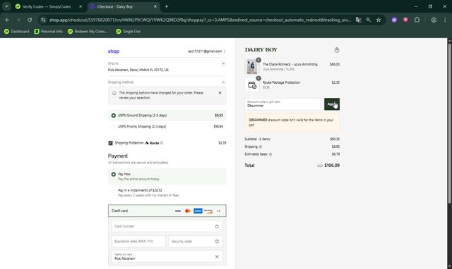 Dairy Boy checkout page showing Dairy Boy discount code box | Screenshot taken by SimplyCodes community member on Aug 30, 2025
