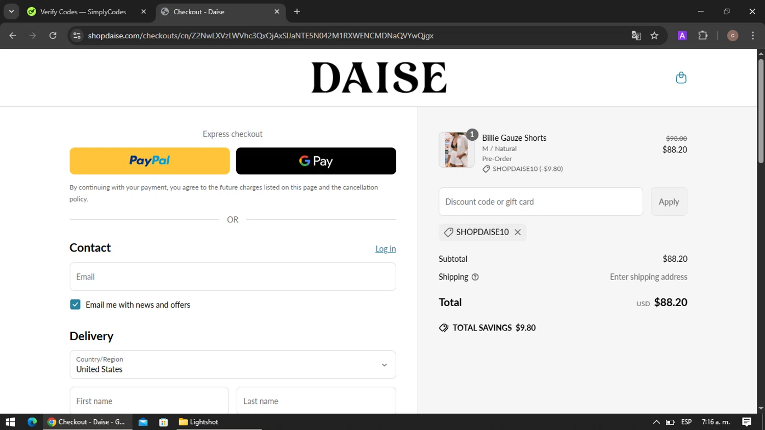 Daise promo code screenshot showing code SHOPDAISE10 applied at Daise checkout page. Uploaded by SimplyCodes community member VoucherRanger901 on Apr 16, 2025