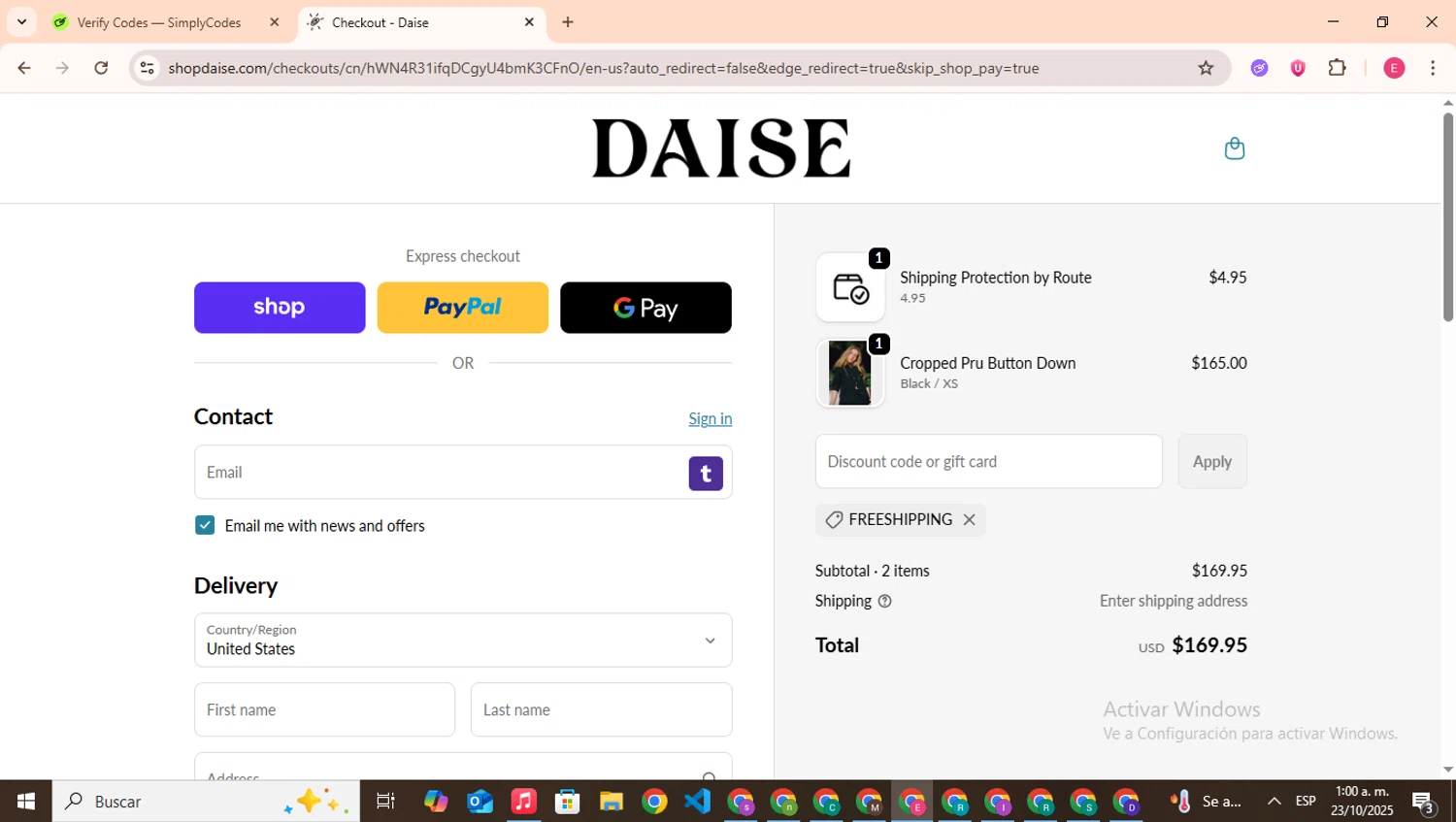 Daise promo code screenshot showing code FREESHIPPING applied at Daise checkout page. Uploaded by SimplyCodes community member CouponHero7312 on Oct 23, 2025
