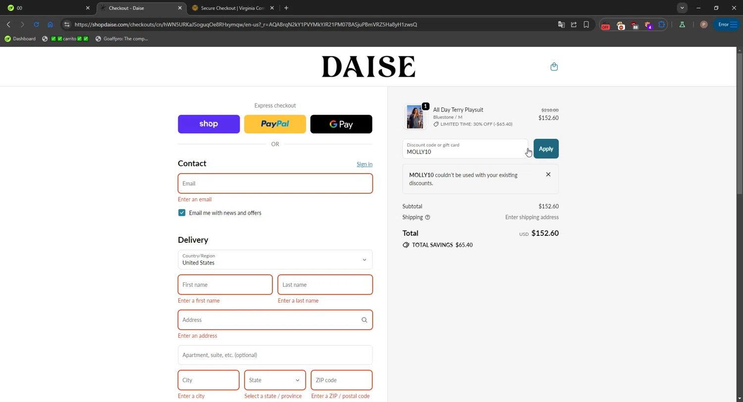 Daise promo code screenshot showing code MOLLY10 applied at Daise checkout page. Uploaded by SimplyCodes community member CrownPro3073 on Nov 19, 2025