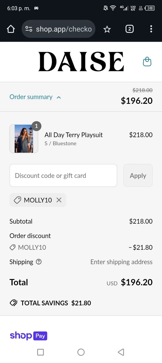 Daise promo code screenshot showing code MOLLY10 applied at Daise checkout page. Uploaded by SimplyCodes community member Junniorduno on Jun 18, 2025