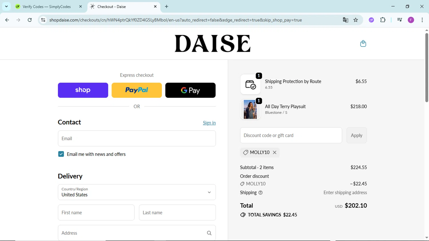 Daise promo code screenshot showing code MOLLY10 applied at Daise checkout page. Uploaded by SimplyCodes community member ShieldTitan6985 on Nov 2, 2025