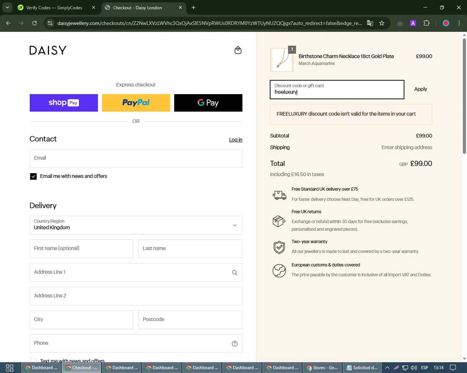 Daisy London promo code screenshot showing code freeluxury applied at Daisy London checkout page. Uploaded by SimplyCodes community member Michael_Brown on Mar 26, 2025