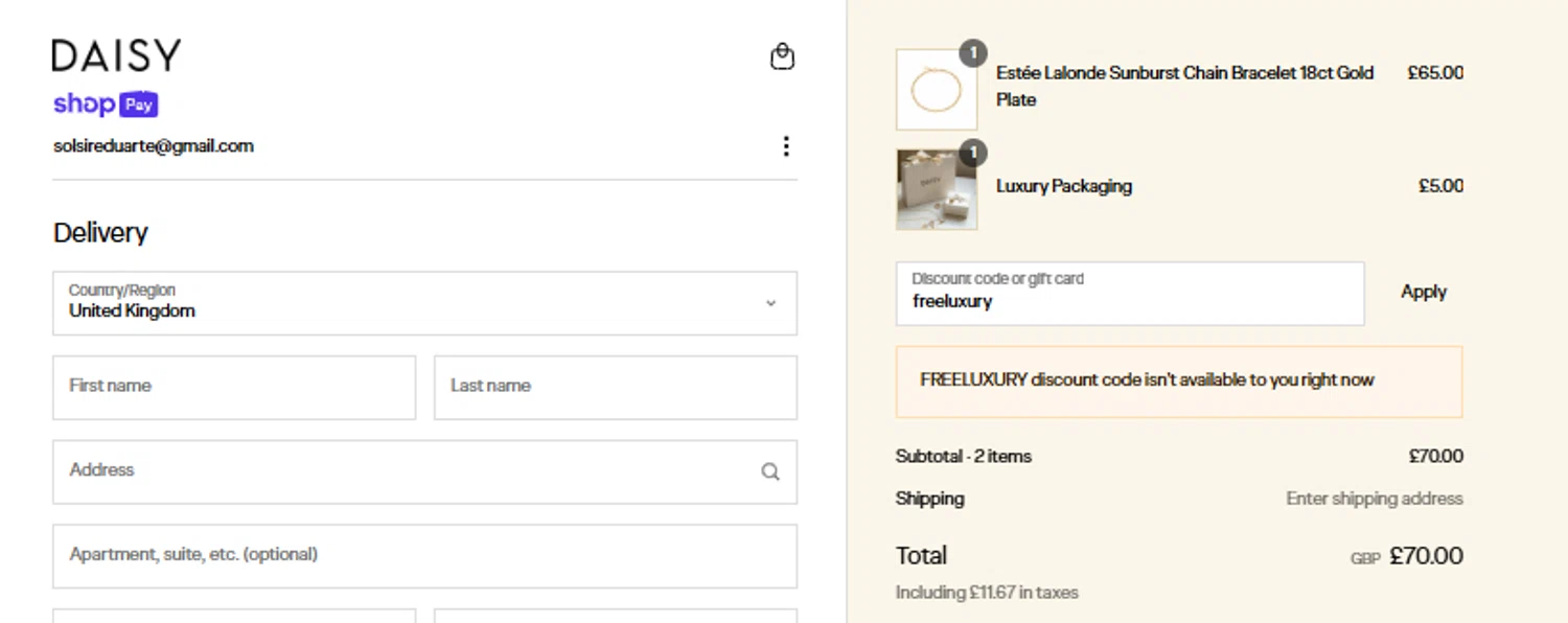 Daisy London promo code screenshot showing code freeluxury applied at Daisy London checkout page. Uploaded by SimplyCodes community member eudorasuarez on Jun 11, 2025