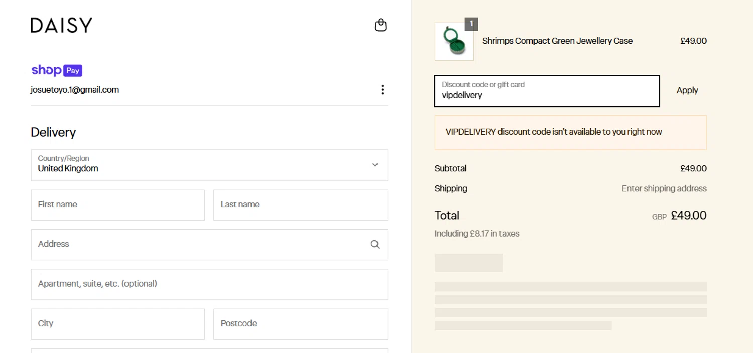 Daisy London promo code screenshot showing code vipdelivery applied at Daisy London checkout page. Uploaded by SimplyCodes community member Amaloa on Mar 26, 2025