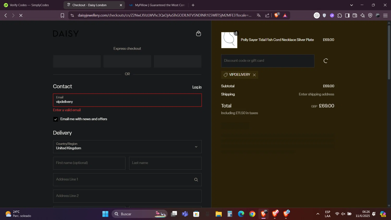 Daisy London promo code screenshot showing code vipdelivery applied at Daisy London checkout page. Uploaded by SimplyCodes community member Caraxes on Jun 11, 2025