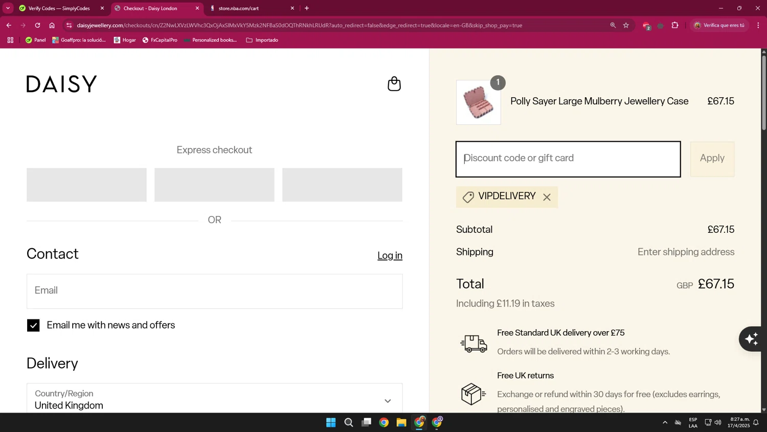 Daisy London promo code screenshot showing code vipdelivery applied at Daisy London checkout page. Uploaded by SimplyCodes community member ENGP2105 on Apr 17, 2025