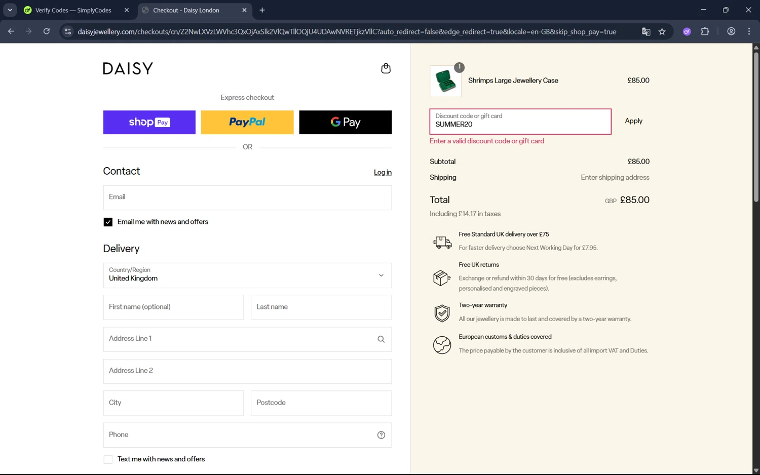 Daisy London promo code screenshot showing code SUMMER20 applied at Daisy London checkout page. Uploaded by SimplyCodes community member juan1702 on Jun 20, 2025