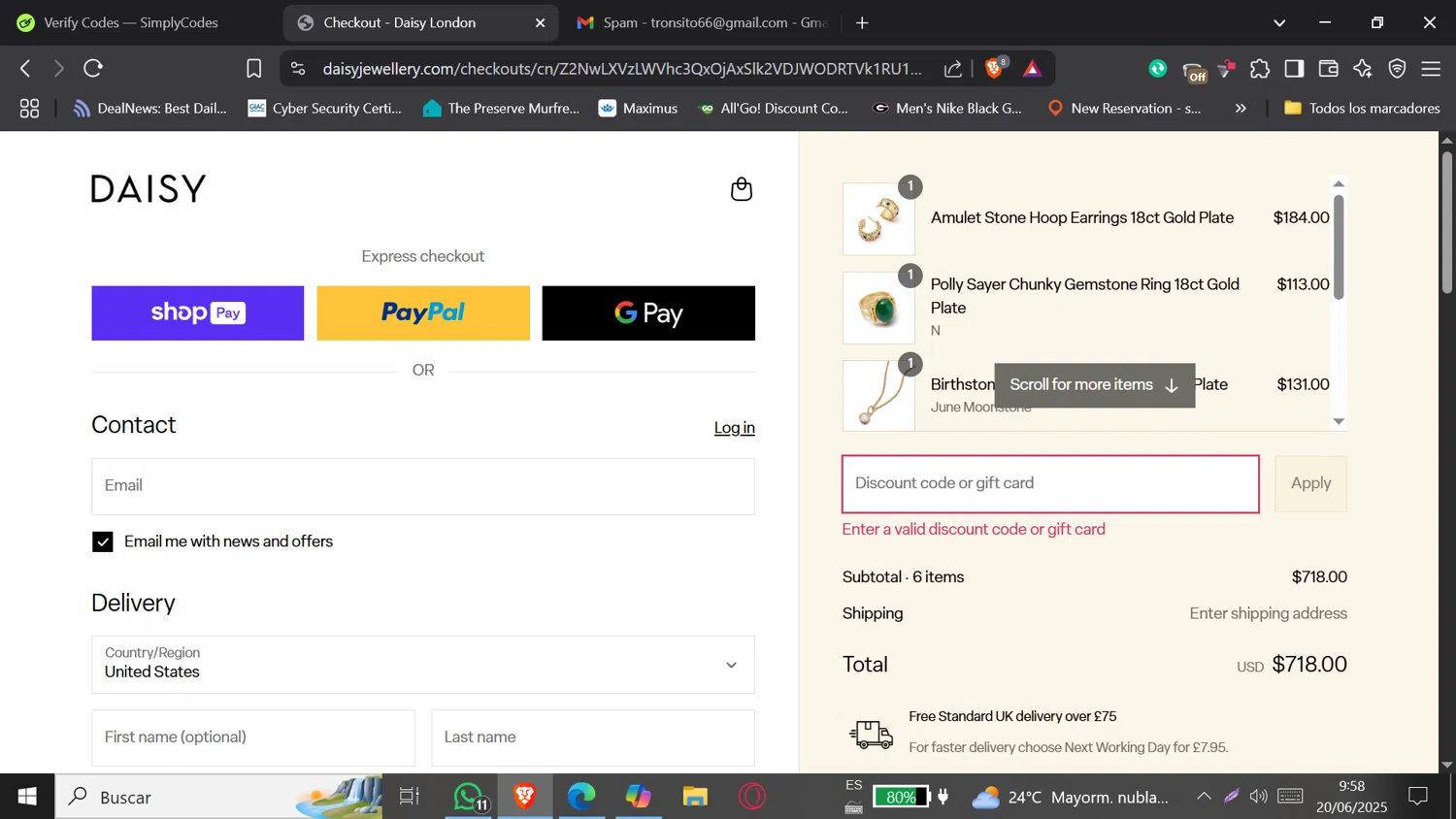 Daisy London promo code screenshot showing code SUMMER20 applied at Daisy London checkout page. Uploaded by SimplyCodes community member tronsito66 on Jun 20, 2025