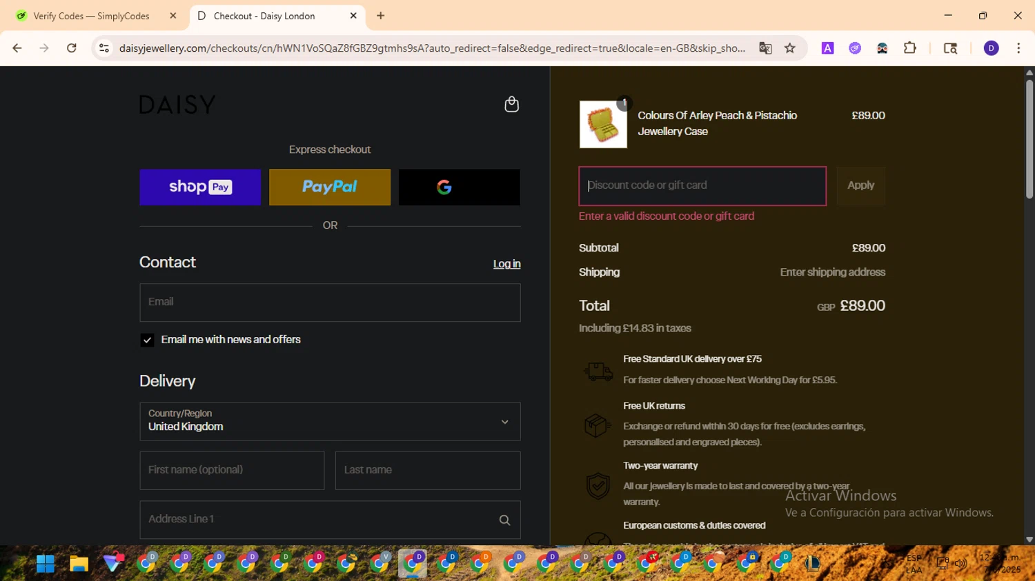 Daisy London promo code screenshot showing code SUMMER15 applied at Daisy London checkout page. Uploaded by SimplyCodes community member MagnificentFinder9583 on Aug 7, 2025