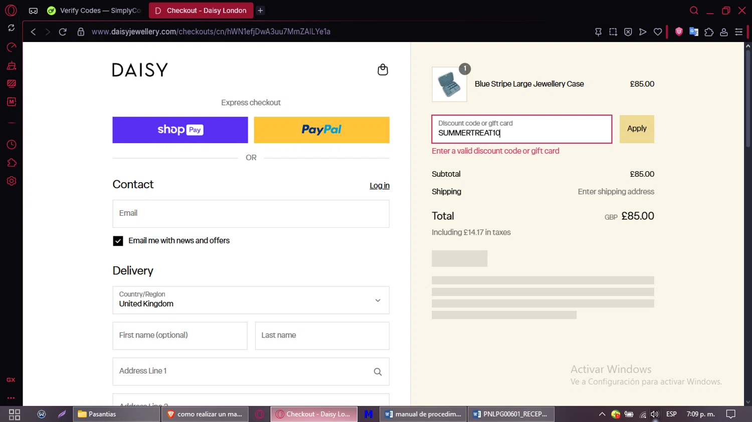 Daisy London promo code screenshot showing code SUMMERTREAT10 applied at Daisy London checkout page. Uploaded by SimplyCodes community member CleverMaven2889 on Aug 10, 2025