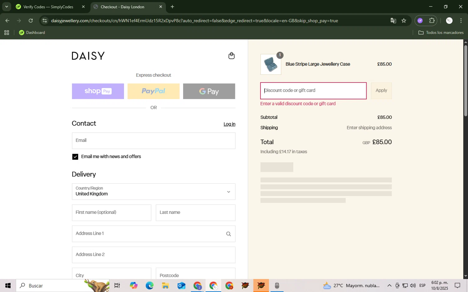 Daisy London promo code screenshot showing code SUMMERTREAT10 applied at Daisy London checkout page. Uploaded by SimplyCodes community member ScanSage643 on Aug 10, 2025