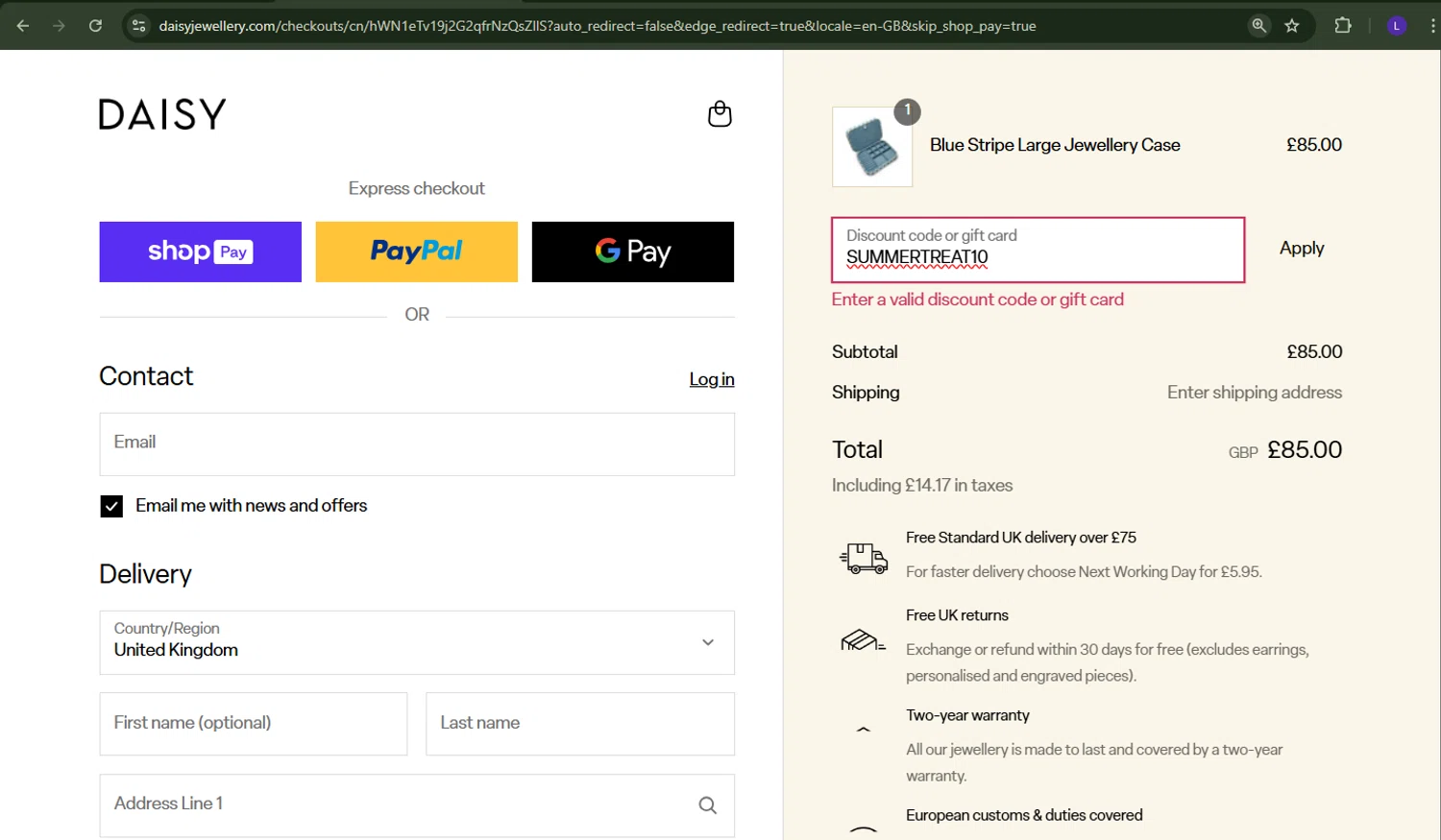 Daisy London promo code screenshot showing code SUMMERTREAT10 applied at Daisy London checkout page. Uploaded by SimplyCodes community member richard007 on Aug 10, 2025