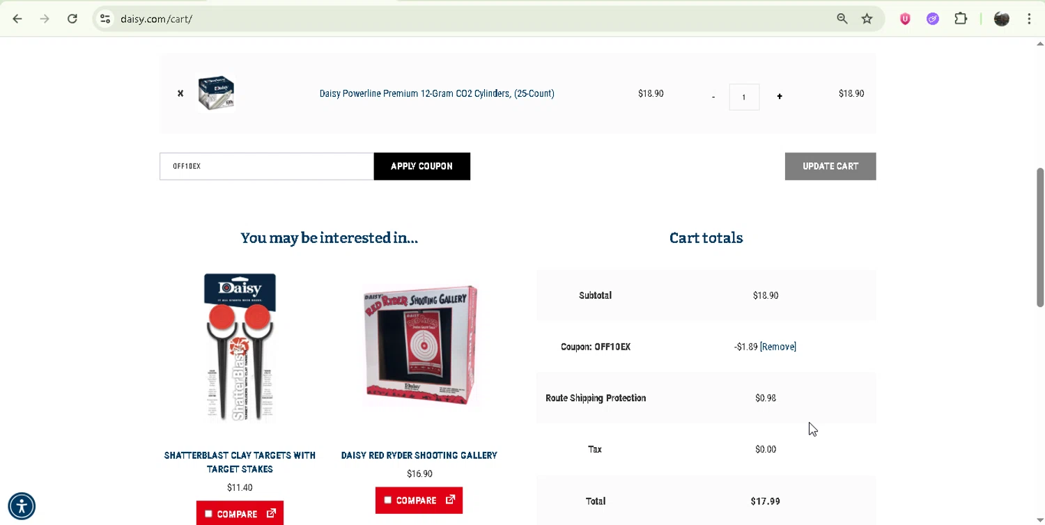 Daisy Outdoor Products promo code screenshot showing code OFF10EX applied at Daisy Outdoor Products checkout page. Uploaded by SimplyCodes community member Jesusvasquezzz on Jun 21, 2025