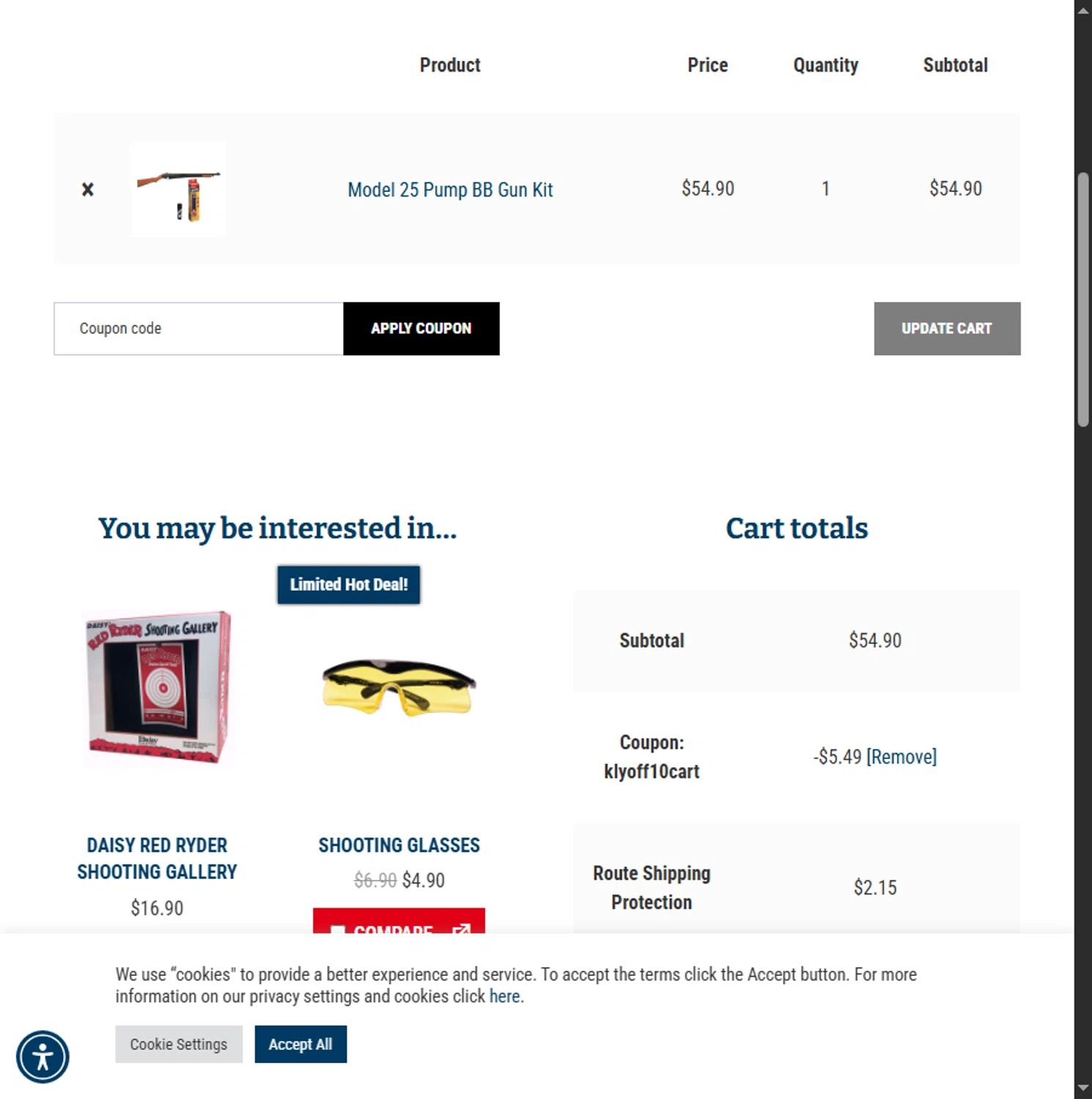 Daisy Outdoor Products promo code screenshot showing code KLYOFF10CART applied at Daisy Outdoor Products checkout page. Uploaded by SimplyCodes community member Beaaalmera on Jun 14, 2025