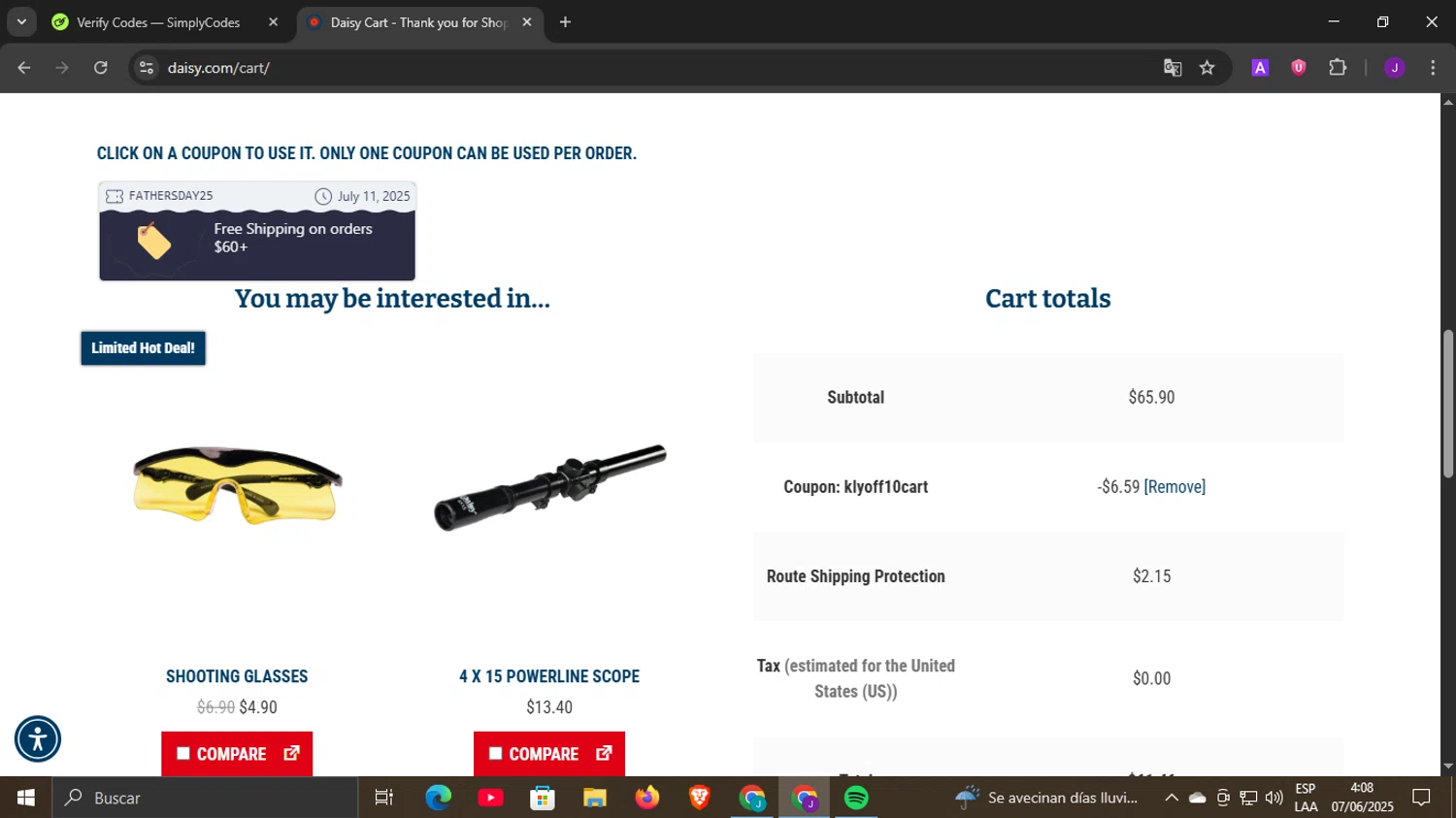 Daisy Outdoor Products promo code screenshot showing code KLYOFF10CART applied at Daisy Outdoor Products checkout page. Uploaded by SimplyCodes community member DiscountLegend6670 on Jun 7, 2025