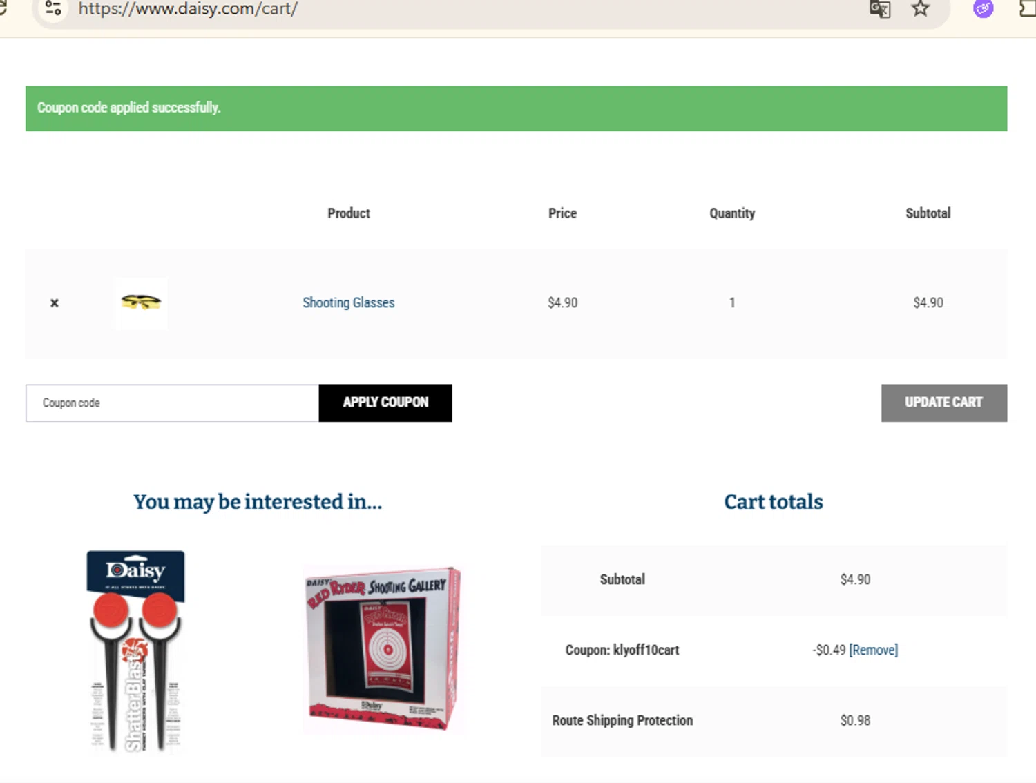 Daisy Outdoor Products promo code screenshot showing code KLYOFF10CART applied at Daisy Outdoor Products checkout page. Uploaded by SimplyCodes community member RewardFinder4836 on Jun 21, 2025