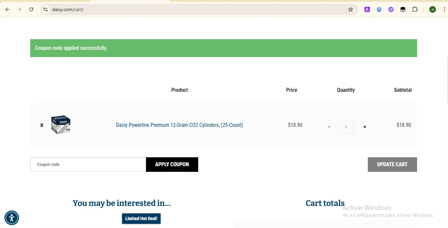 Daisy Outdoor Products promo code screenshot showing code OFF10CART applied at Daisy Outdoor Products checkout page. Uploaded by SimplyCodes community member SmartTitan8055 on Jun 21, 2025