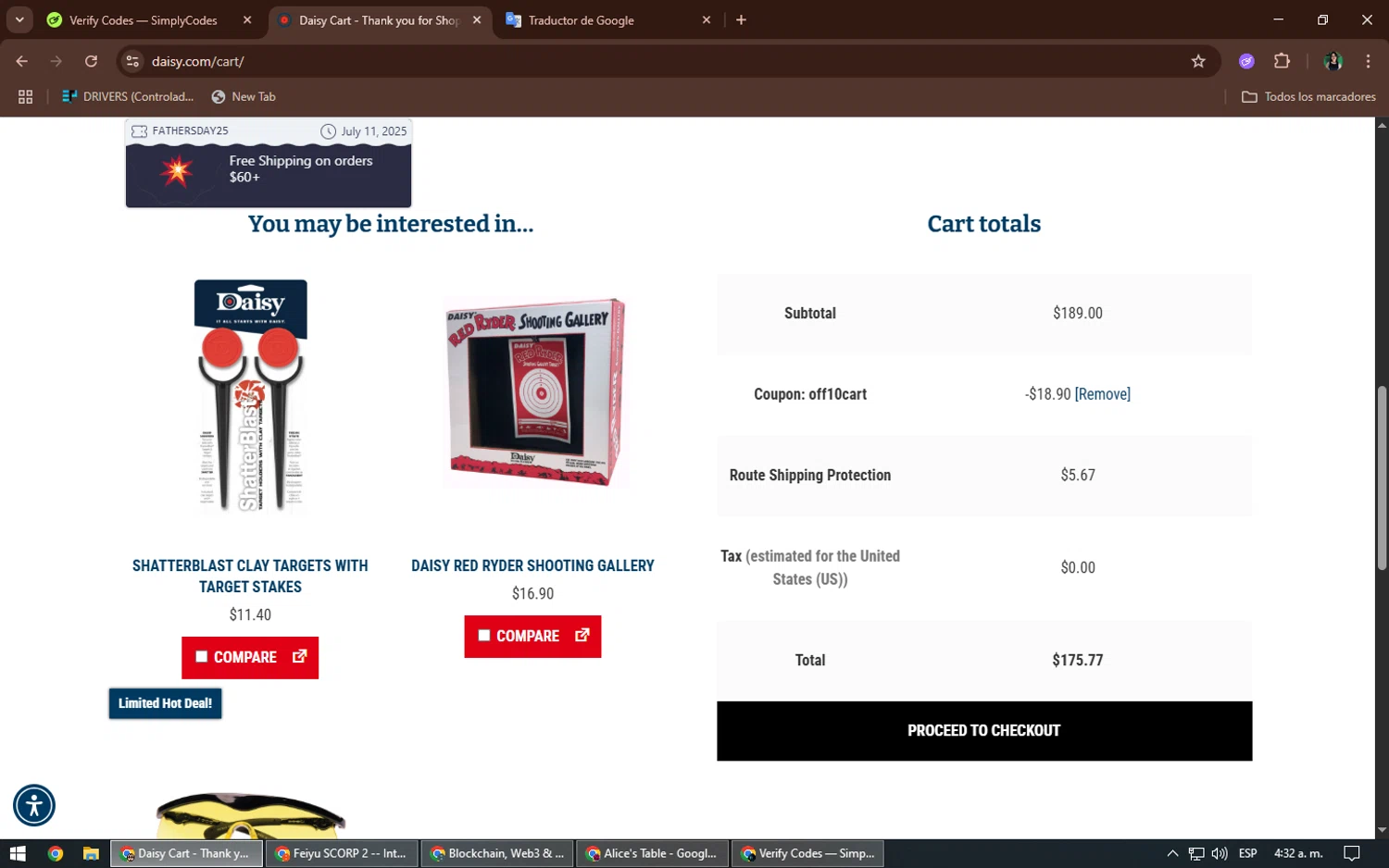 Daisy Outdoor Products promo code screenshot showing code OFF10CART applied at Daisy Outdoor Products checkout page. Uploaded by SimplyCodes community member TheWizard on Jun 14, 2025