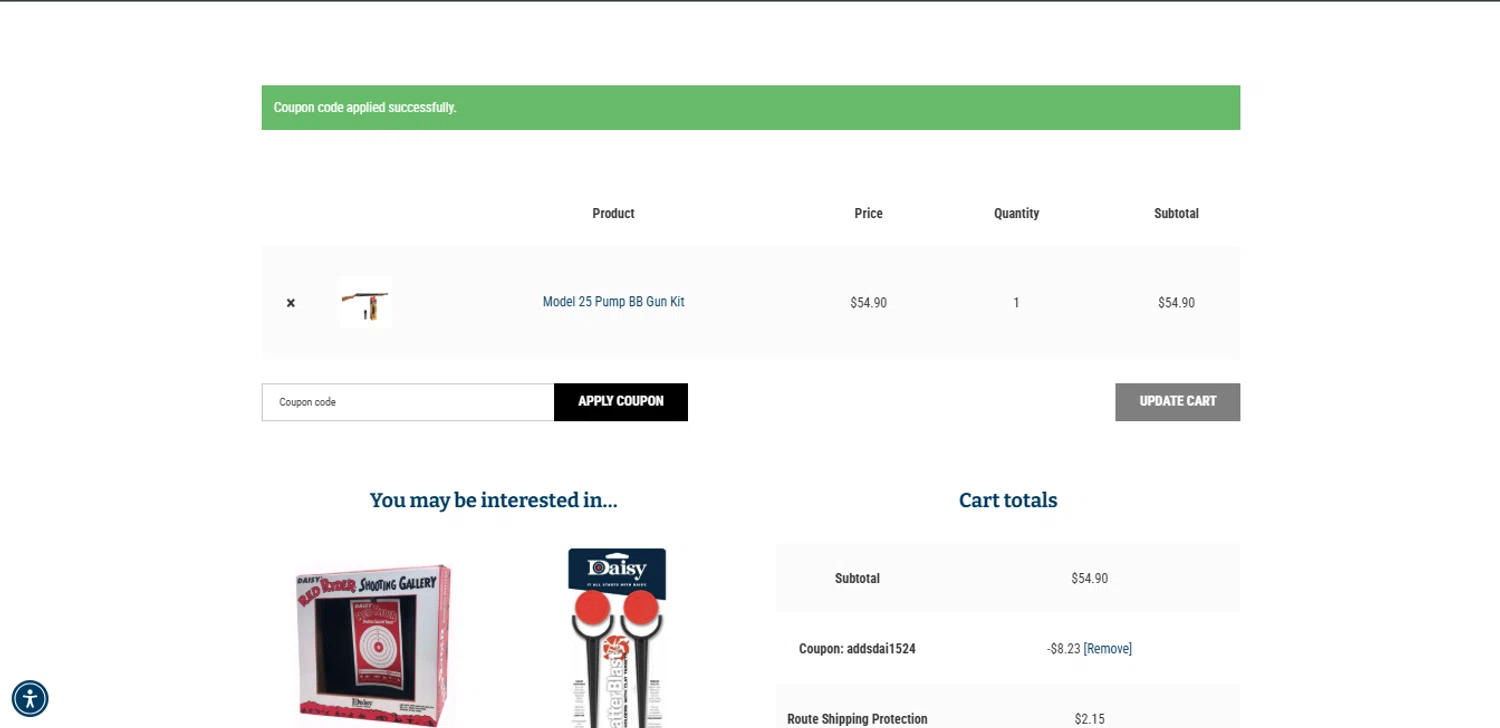Daisy Outdoor Products promo code screenshot showing code ADDSDAI1524 applied at Daisy Outdoor Products checkout page. Uploaded by SimplyCodes community member BrilliantTitan7739 on Sep 17, 2025