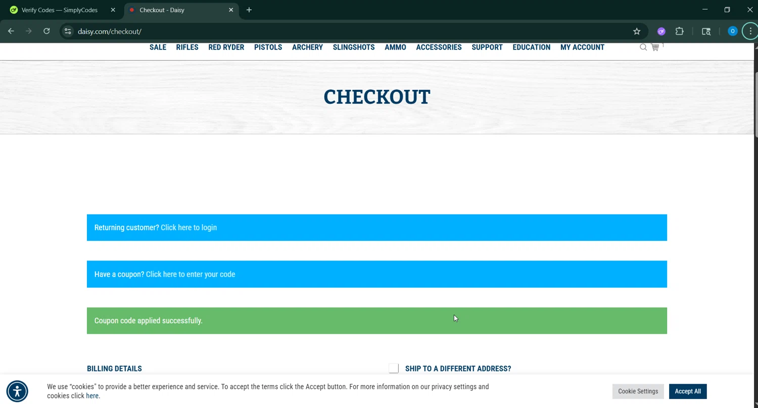 Daisy Outdoor Products promo code screenshot showing code ADDSDAI1524 applied at Daisy Outdoor Products checkout page. Uploaded by SimplyCodes community member RoyalSage9159 on Sep 7, 2025