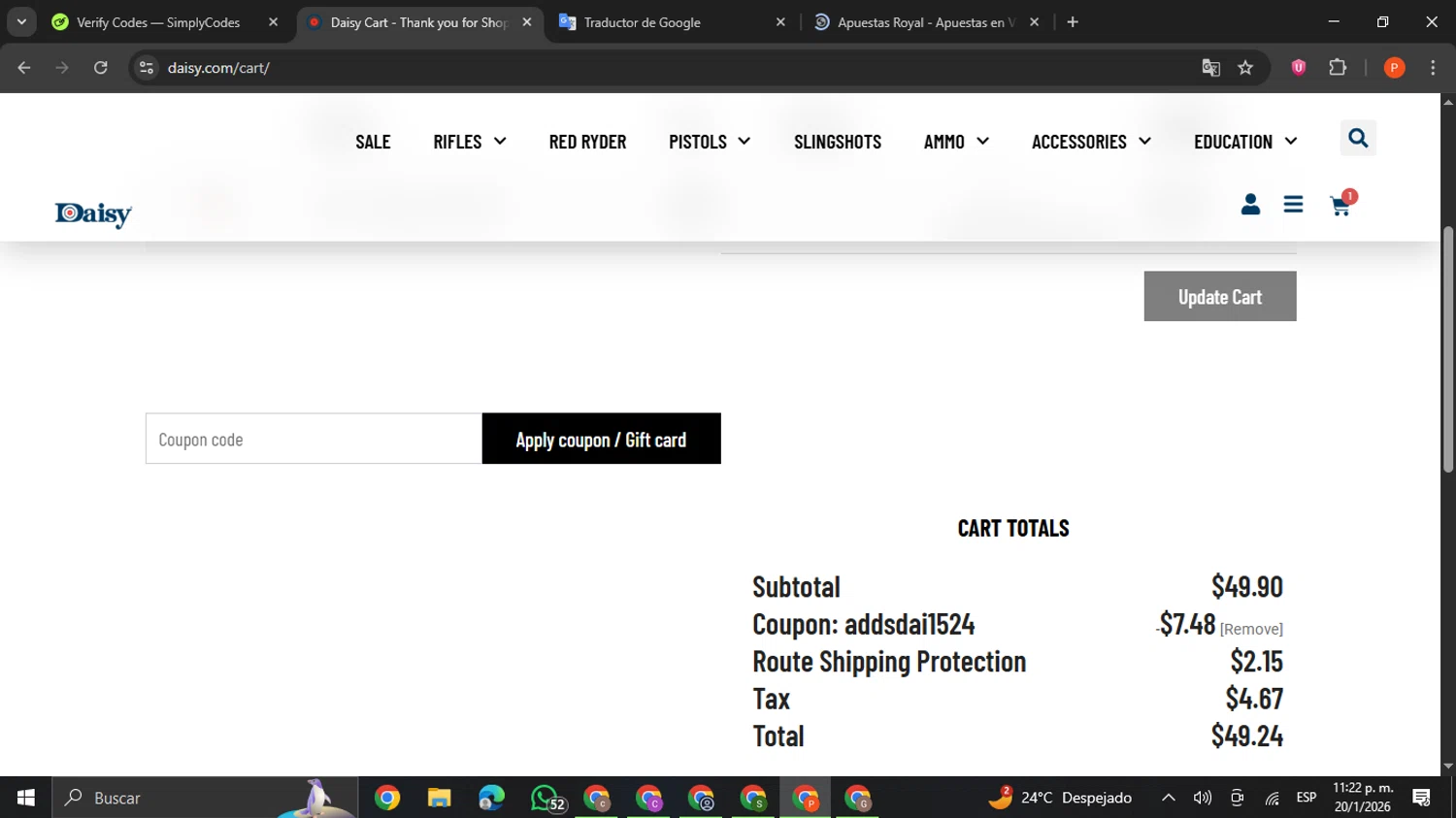 Daisy Outdoor Products checkout page showing Daisy Outdoor Products promo code box | Screenshot taken by SimplyCodes community member on Jan 21, 2026