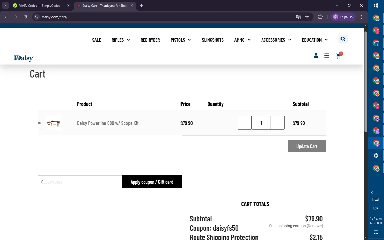 Daisy Outdoor Products checkout page showing Daisy Outdoor Products promo code box | Screenshot taken by SimplyCodes community member on Feb 1, 2026