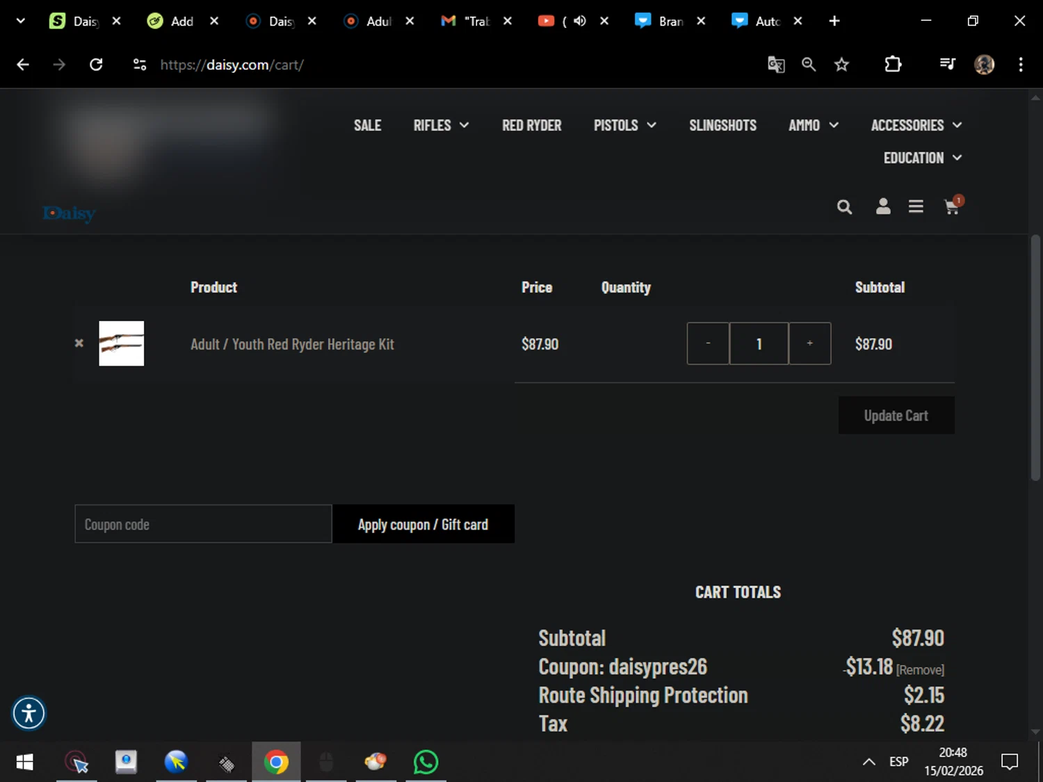 Daisy Outdoor Products promo code screenshot showing code DAISYPRES26 applied at Daisy Outdoor Products checkout page. Uploaded by SimplyCodes community member MarcosAranguren on Feb 16, 2026