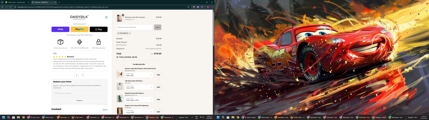 Daisysilk promo code screenshot showing code mogzee15 applied at Daisysilk checkout page. Uploaded by SimplyCodes community member ExtraordinaryVirtuoso281 on Sep 13, 2025