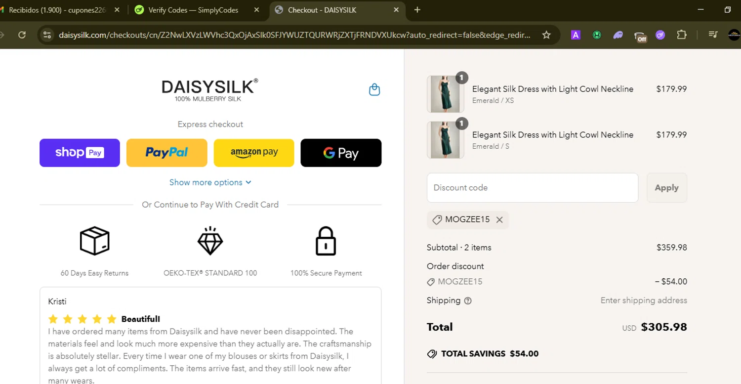 Daisysilk promo code screenshot showing code mogzee15 applied at Daisysilk checkout page. Uploaded by SimplyCodes community member SilverMonarch6357 on Jun 19, 2025