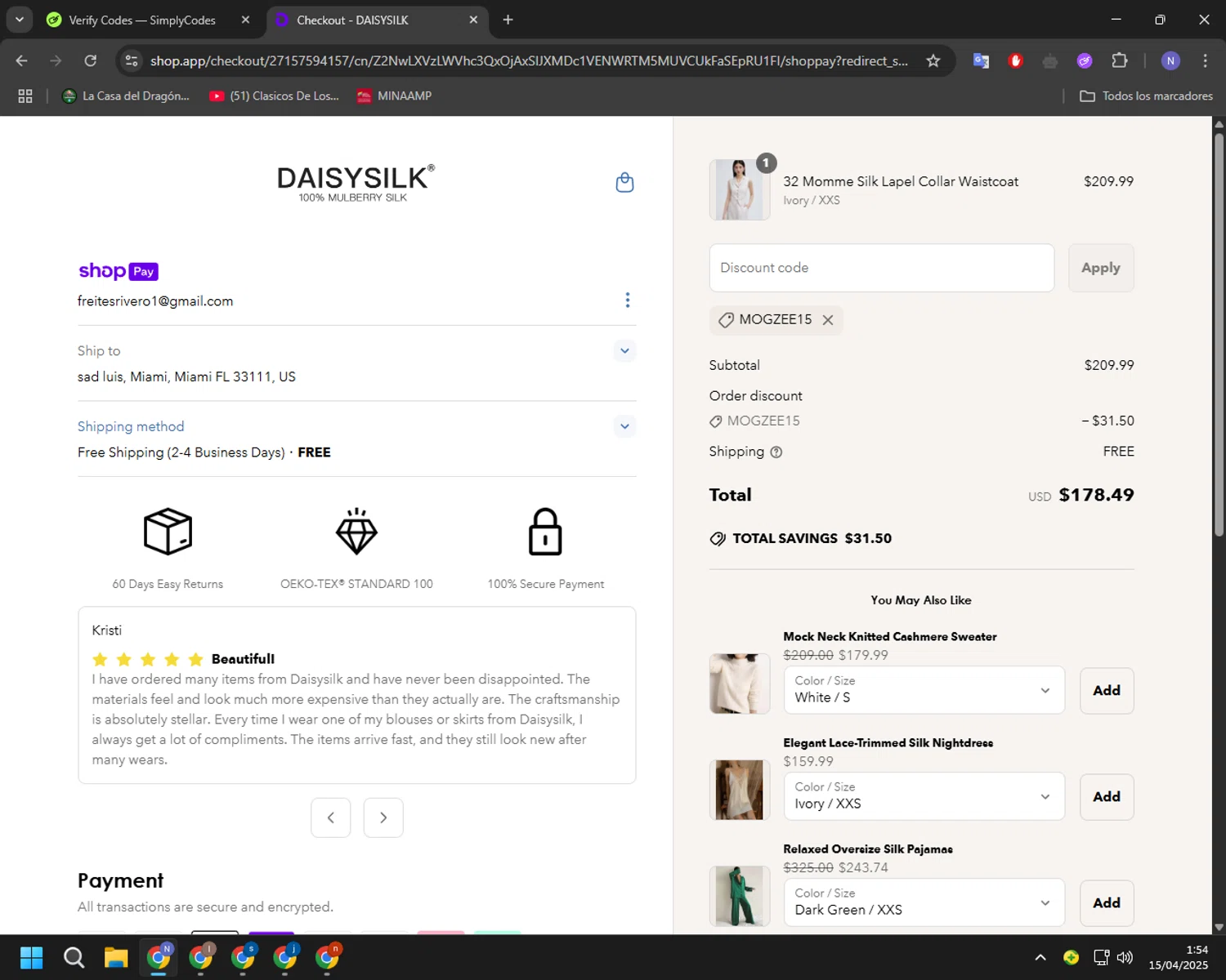 Daisysilk promo code screenshot showing code mogzee15 applied at Daisysilk checkout page. Uploaded by SimplyCodes community member RoyalGuardian2978 on Apr 15, 2025