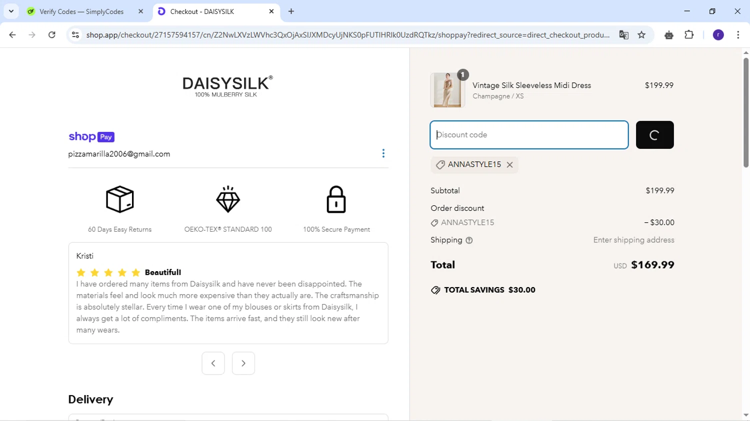 Daisysilk promo code screenshot showing code annastyle15 applied at Daisysilk checkout page. Uploaded by SimplyCodes community member AberthGotopo on Apr 15, 2025